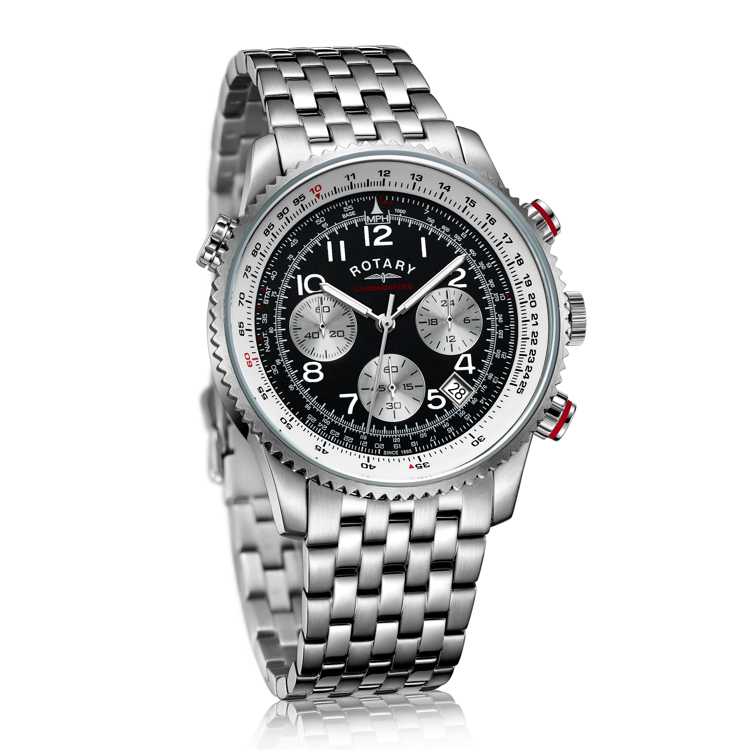 rotary chronospeed chronograph watch in stainless steel with a black dial and a 7 link stainless steel bracelet