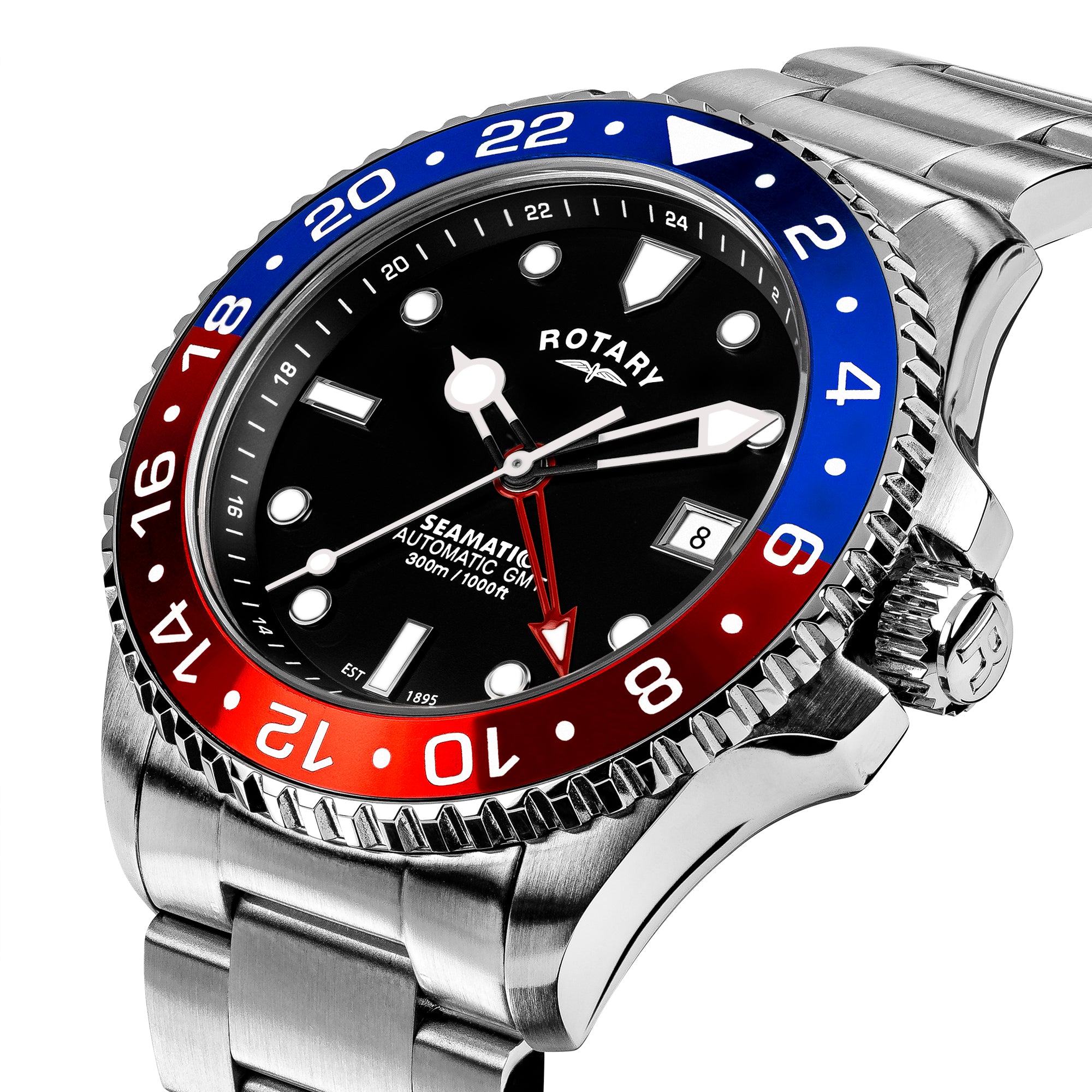 Rotary Seamatic watch with a distinctive red and blue bezel on a white background