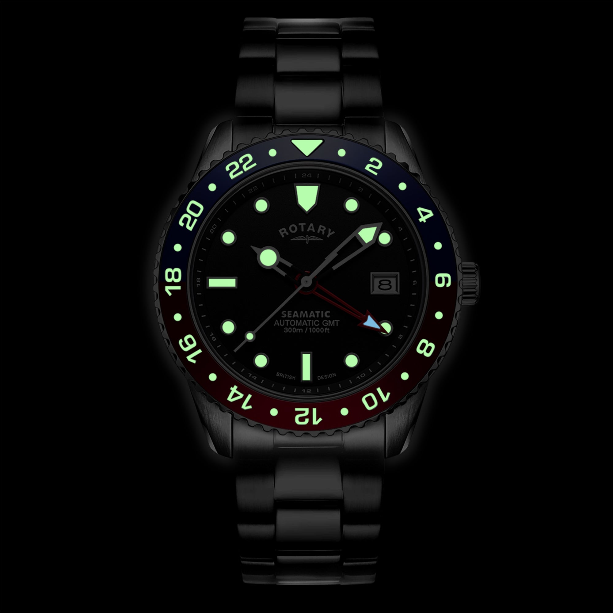 Rotary seamatic wristwatch with a glowing face on a black background