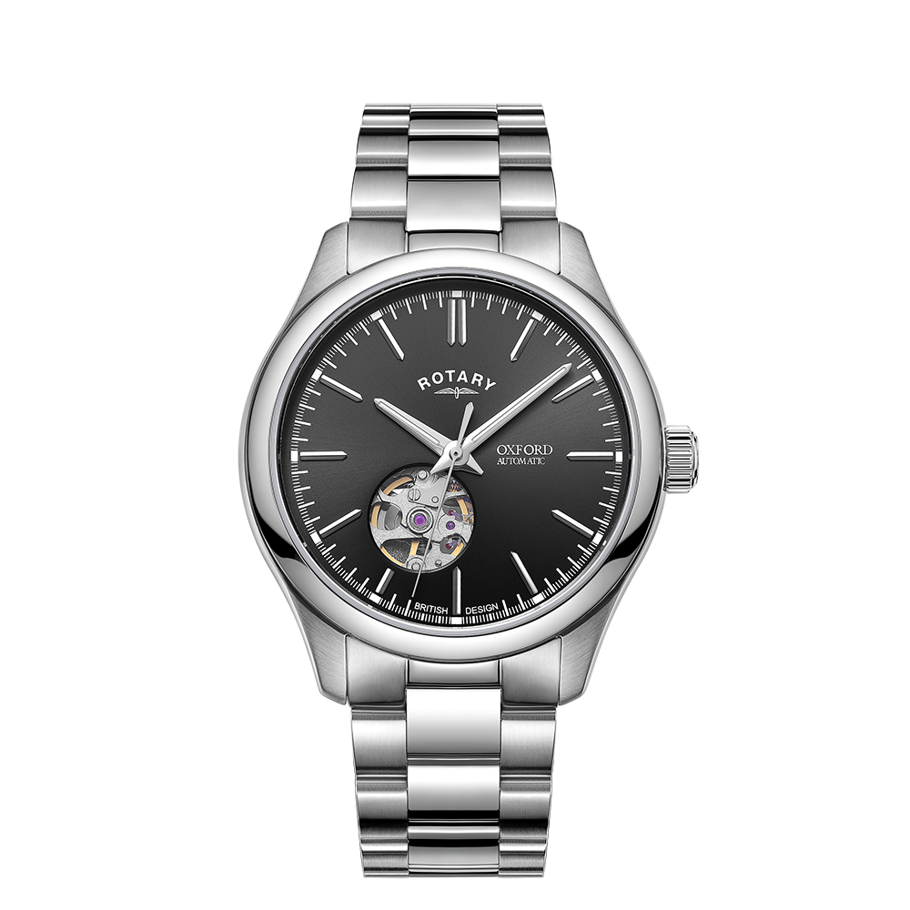 Rotary mens watch in stainless steel with a black dial and 3 stainless steel hands