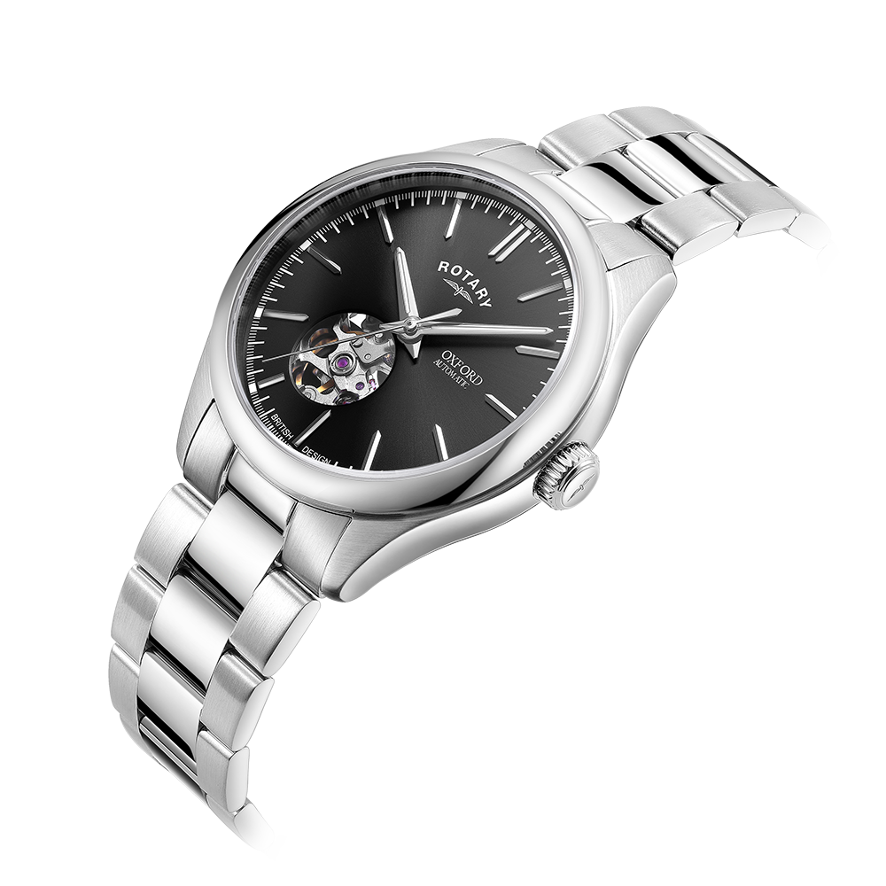 Rotary mens watch in stainless steel with a black dial and 3 stainless steel hands