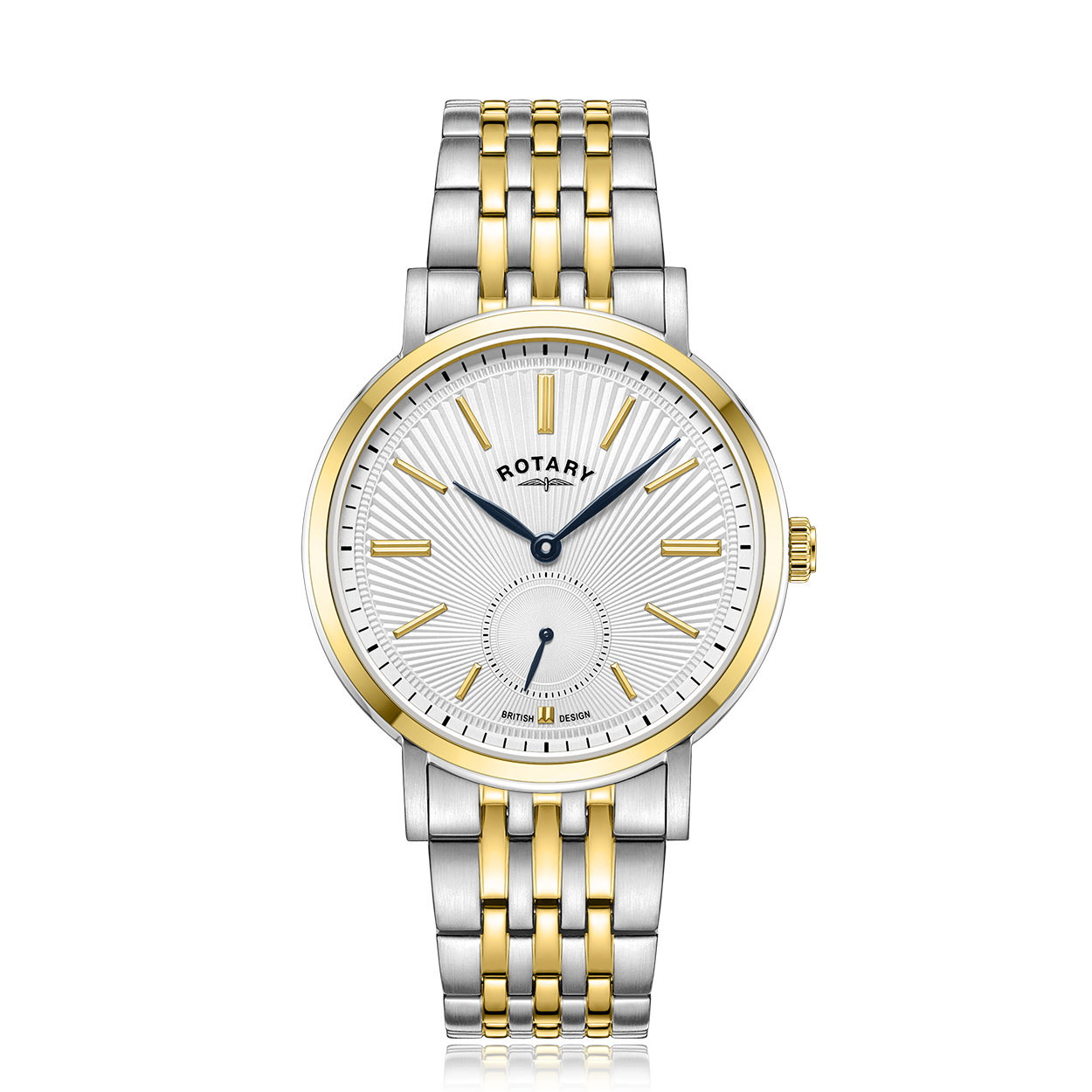 Rotary mens watch in two-tone stainless steel and gold. The watch has a white guilloche dial and a running second sub dial with blue hands