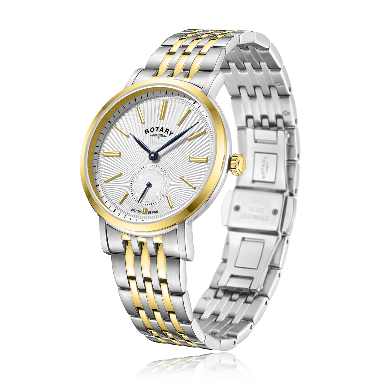 Rotary mens watch in two-tone stainless steel and gold. The watch has a white guilloche dial and a running second sub dial with blue hands