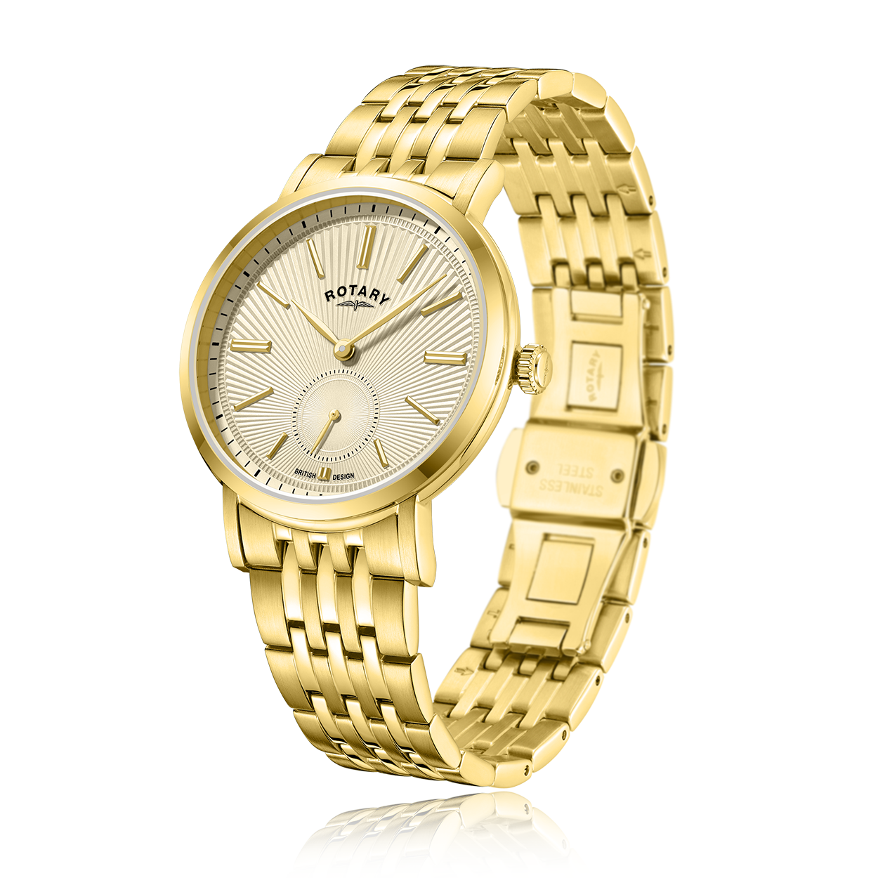 Rotary mens watch in gold with a guilloche champagne dial