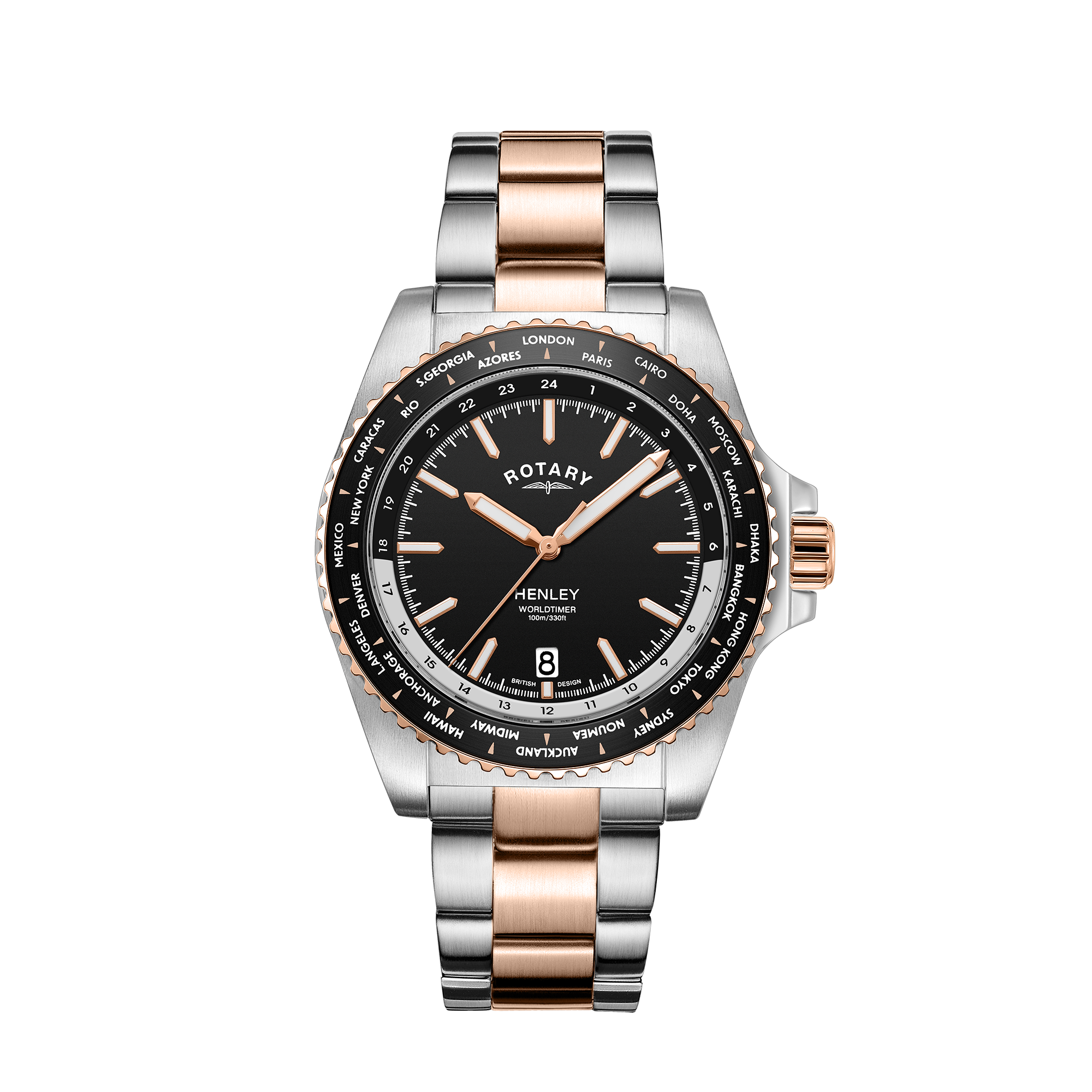 Rotary mans watch in stainless steel and rose gold with a black bezel and black dial. The watch has 3 hands and a date window