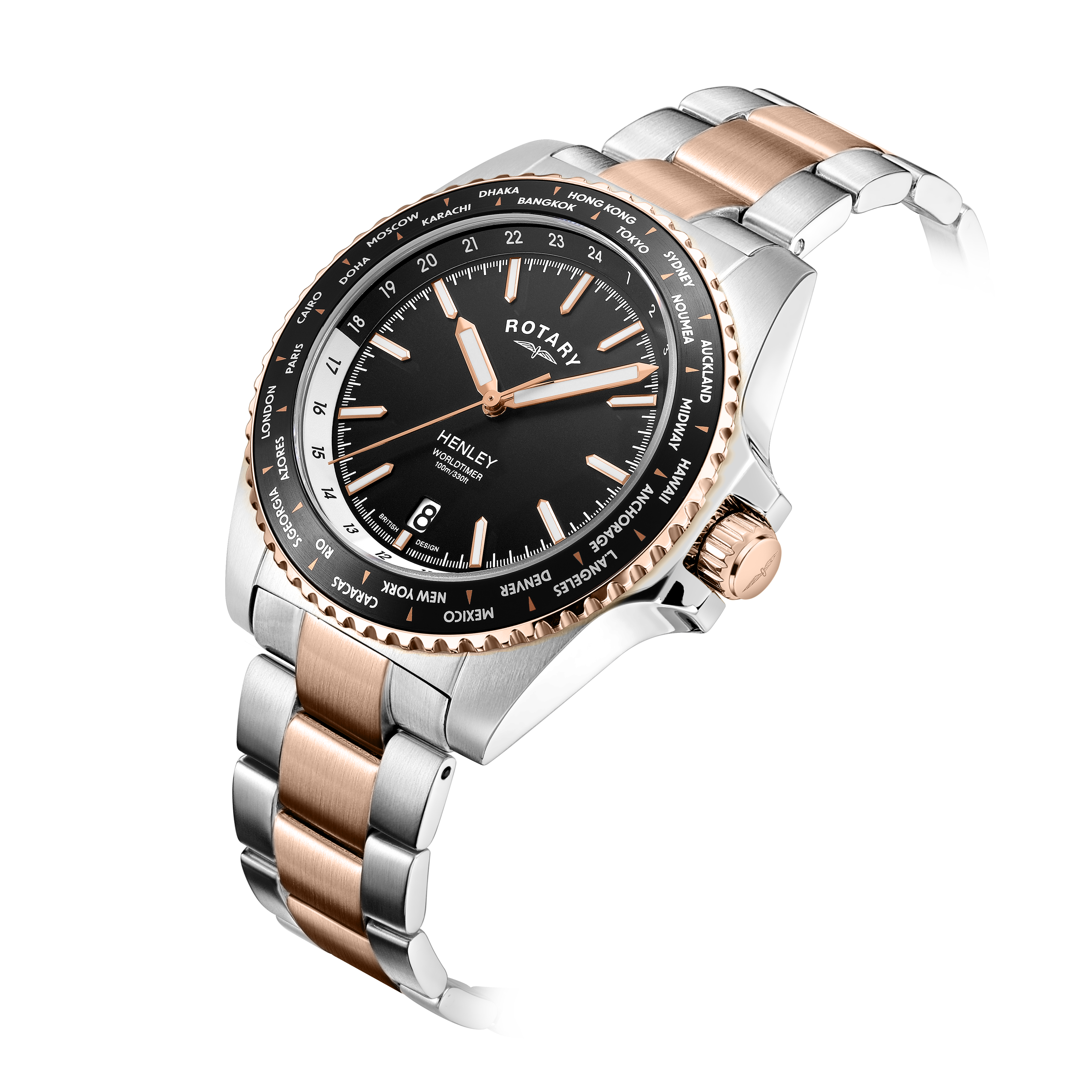 Rotary mans watch in stainless steel and rose gold with a black bezel and black dial. The watch has 3 hands and a date window