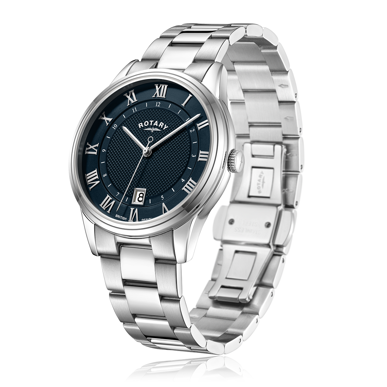 Rotary mens stainless steel watch with a blue dial and stainless steel roman numerals