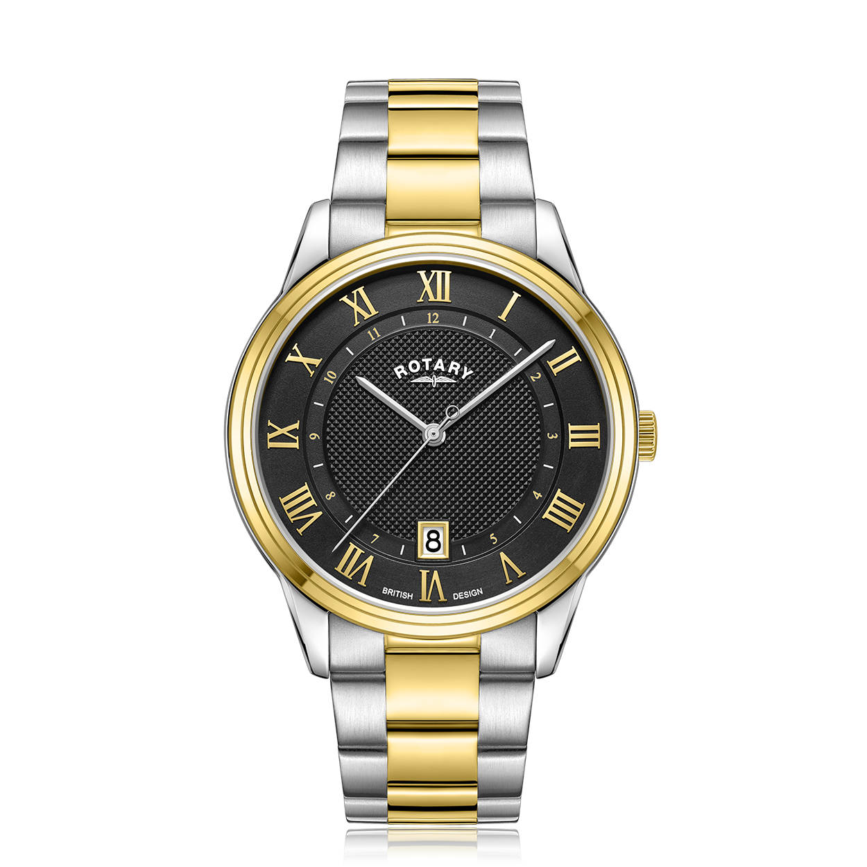 Rotary watch in two tone stainless steel and gold. The watch has a black dial with gold roman numerals