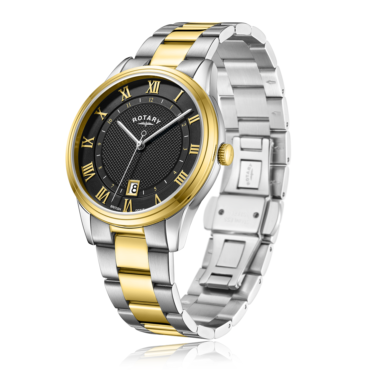 Rotary watch in two tone stainless steel and gold. The watch has a black dial with gold roman numerals.