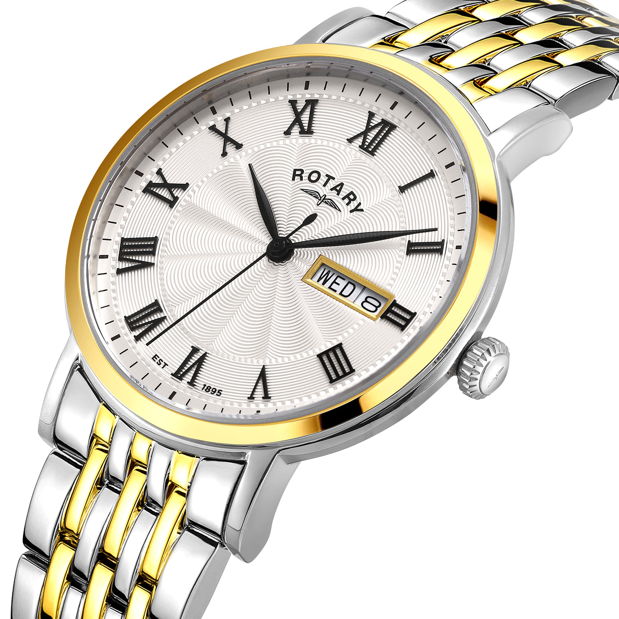 Rotary watch with two-tone gold and silver bracelet on a white background