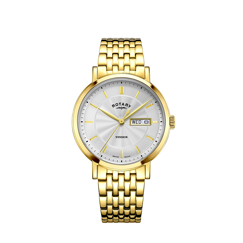 Rotary mens gold watch with gold bracelet. The watch has a white guilloche dial and 3 gold hands.