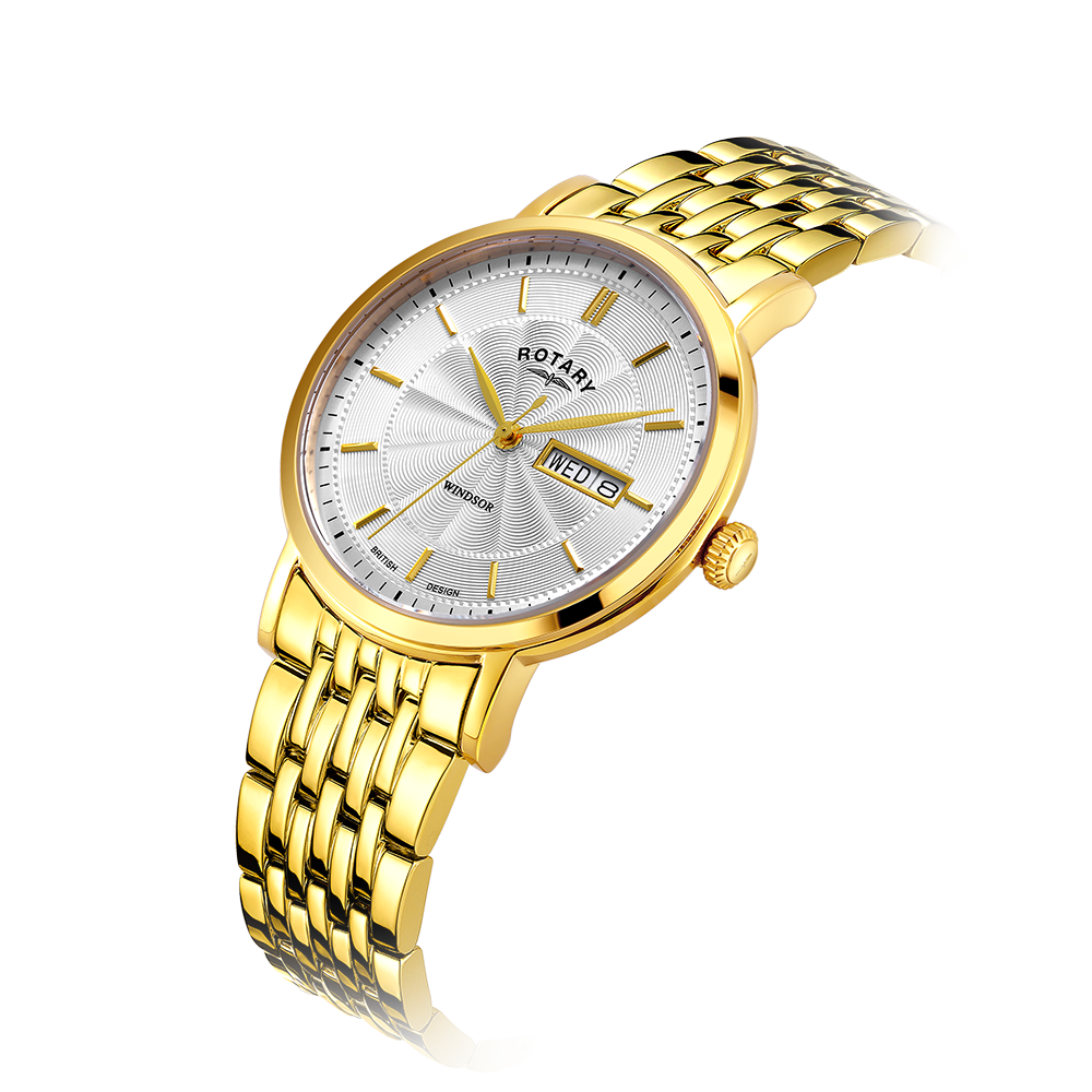 Rotary mens gold watch with gold bracelet. The watch has a white guilloche dial and 3 gold hands.