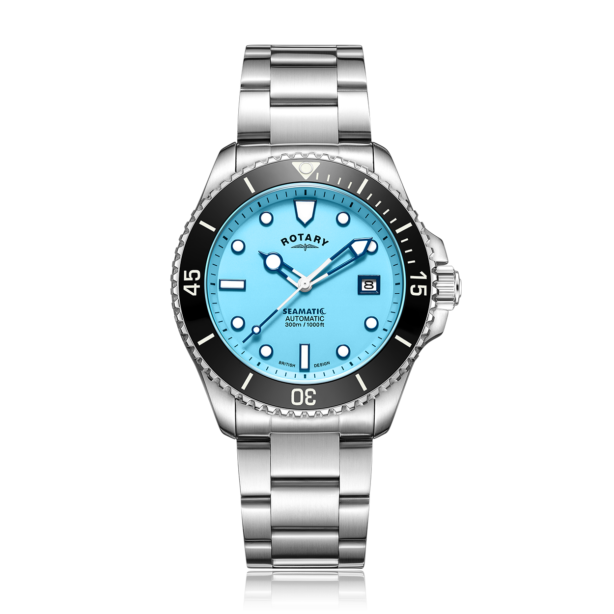 Rotary mens seamatic watch in stainless steel with a black ceramic bezel and a baby blue dial