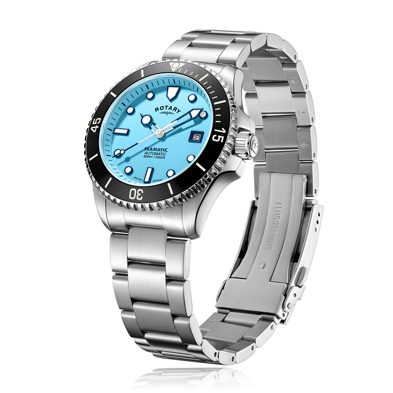 Rotary mens seamatic watch in stainless steel with a black ceramic bezel and a baby blue dial