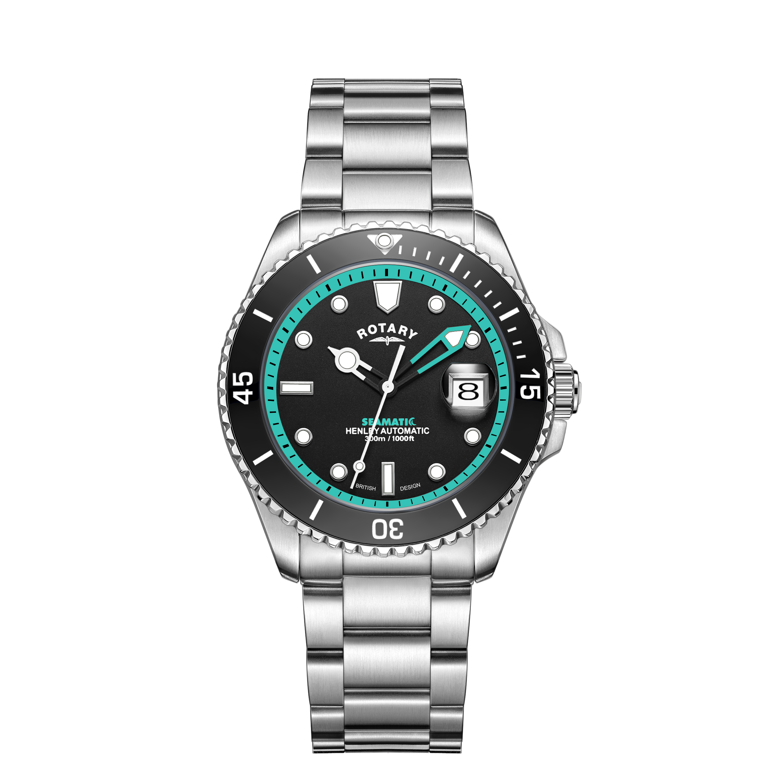 Rotary mens seamatic dive watch in stainless steel. The black dial has teal coloured accenting and 3 white hands with a ceramic black bezel