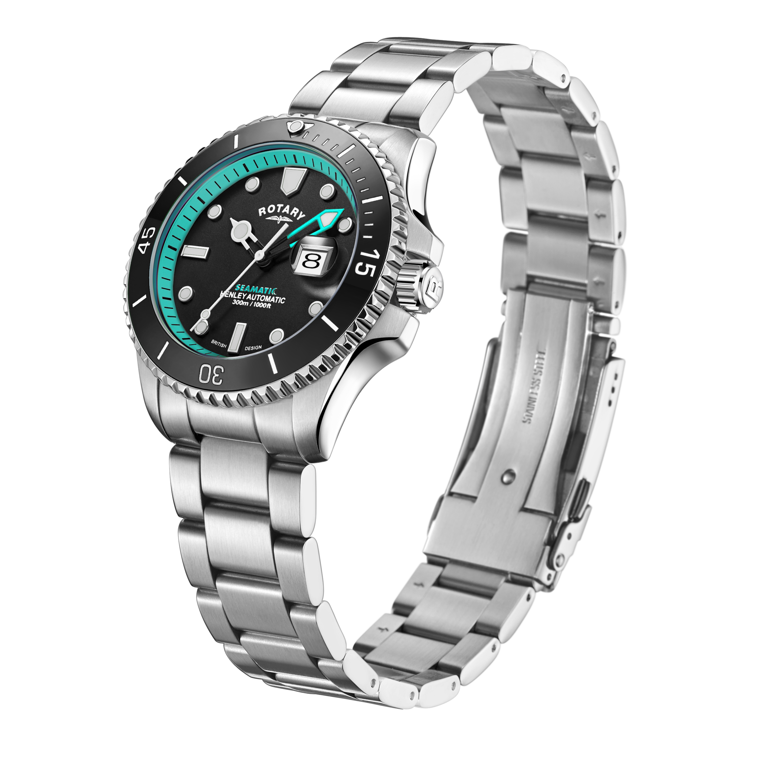 Rotary mens seamatic dive watch in stainless steel. The black dial has teal coloured accenting and 3 white hands with a ceramic black bezel