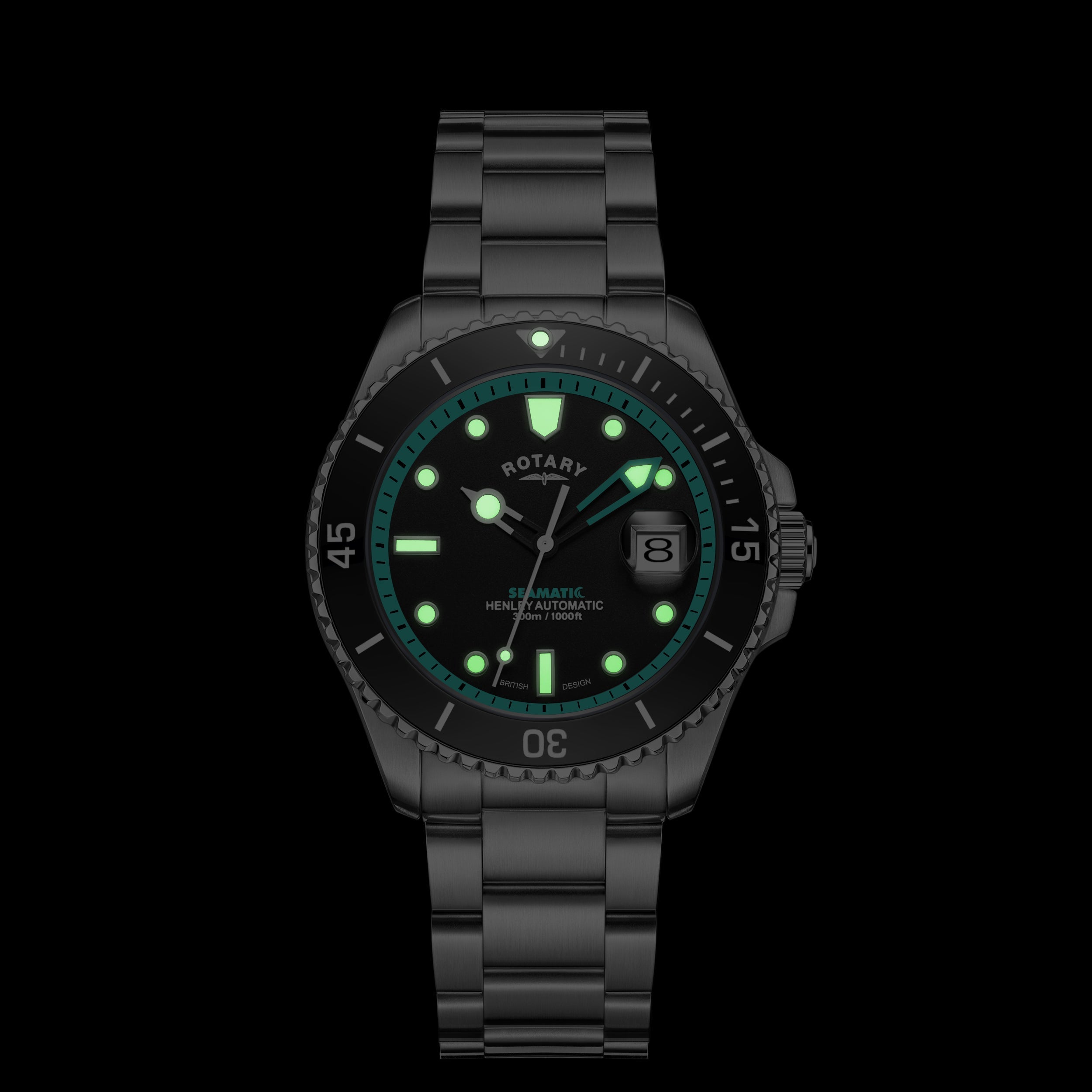 Rotary seamatic mens dive watch with glow in the dark indexes