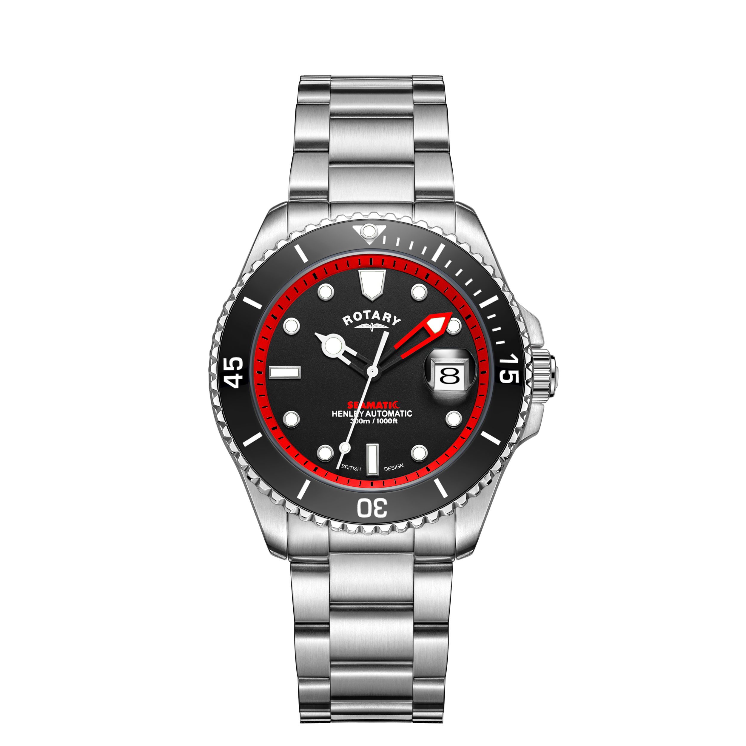 Rotary mens seamatic dive watch in stainless steel. The black dial has red coloured accenting and 3 white hands with a ceramic black bezel