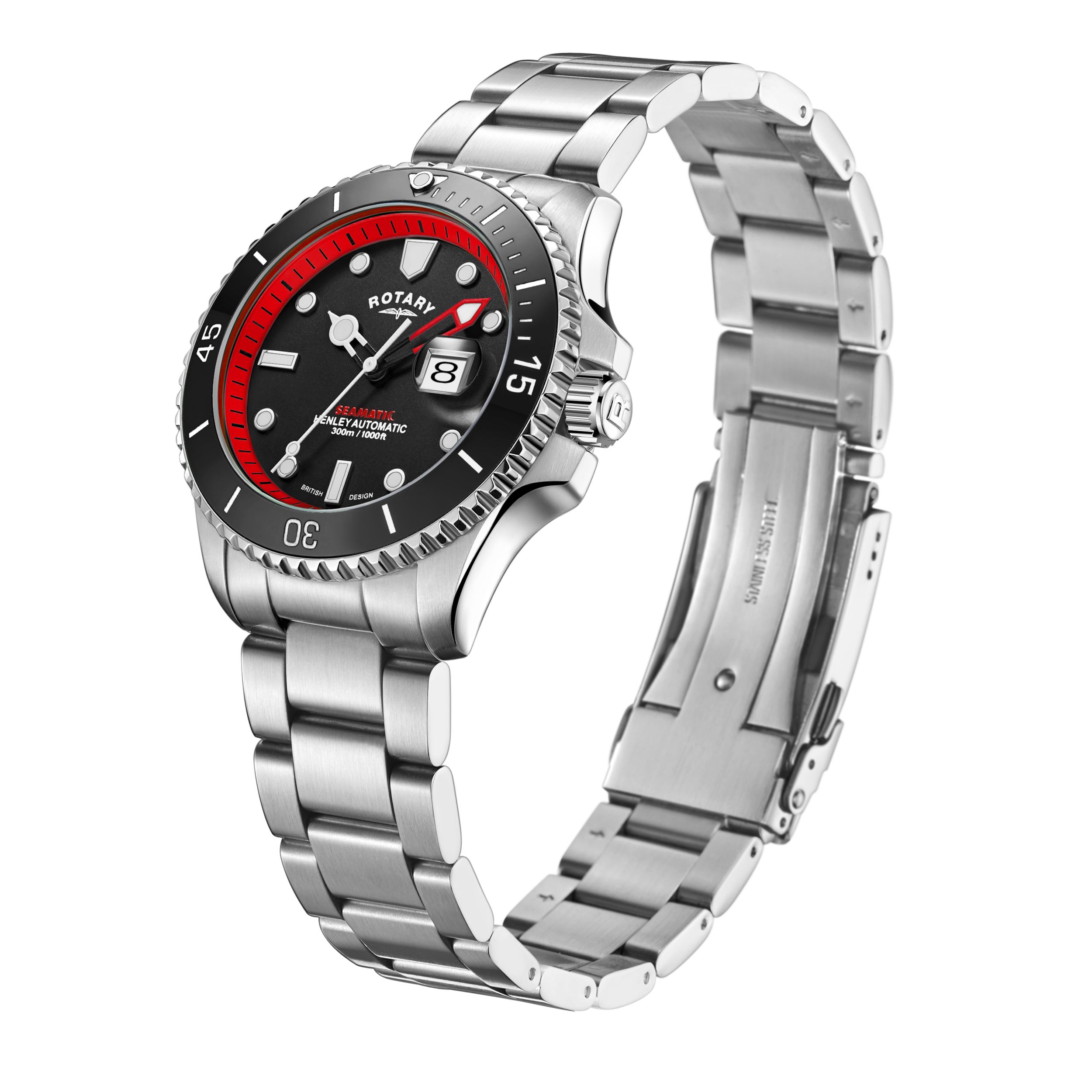 Rotary mens seamatic dive watch in stainless steel. The black dial has red coloured accenting and 3 white hands with a ceramic black bezel