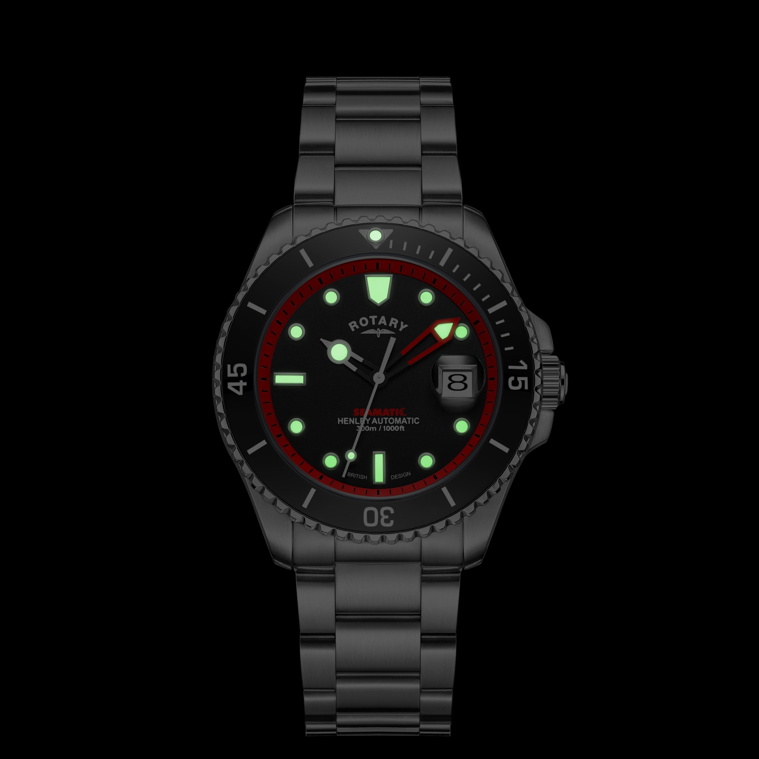 Rotary mens seamatic dive watch in stainless steel with luminescent hands