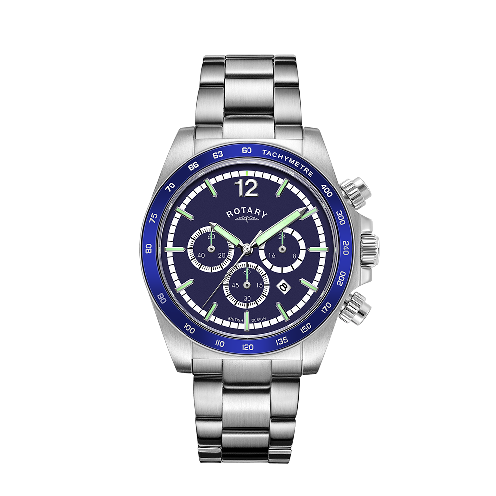 Rotary chronograph watch in stainless steel with a bracelet, blue bezel and black dial. The watch also features two chronograph pushers and 3 sub-dials