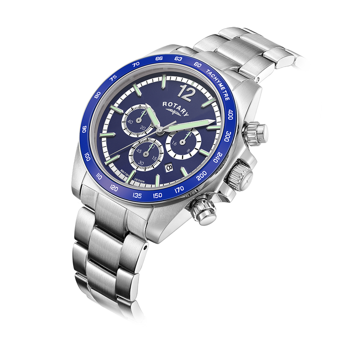 Rotary chronograph watch in stainless steel with a bracelet, blue bezel and black dial. The watch also features two chronograph pushers and 3 sub-dials