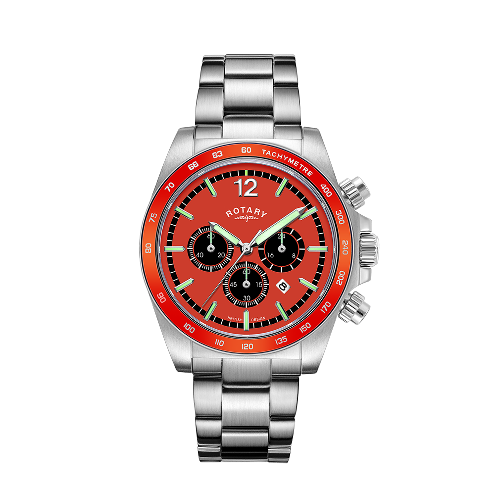 A rotary chronograph watch with a stainless steel case and bracelet, an orange case and an orange bezel. The dial features 3 black sub-dials and a date window, as well as luminescent hands and indexes