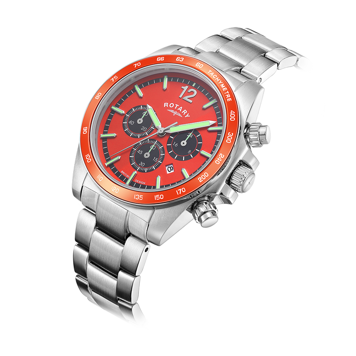 A rotary chronograph watch with a stainless steel case and bracelet, an orange case and an orange bezel. The dial features 3 black sub-dials and a date window, as well as luminescent hands and indexes