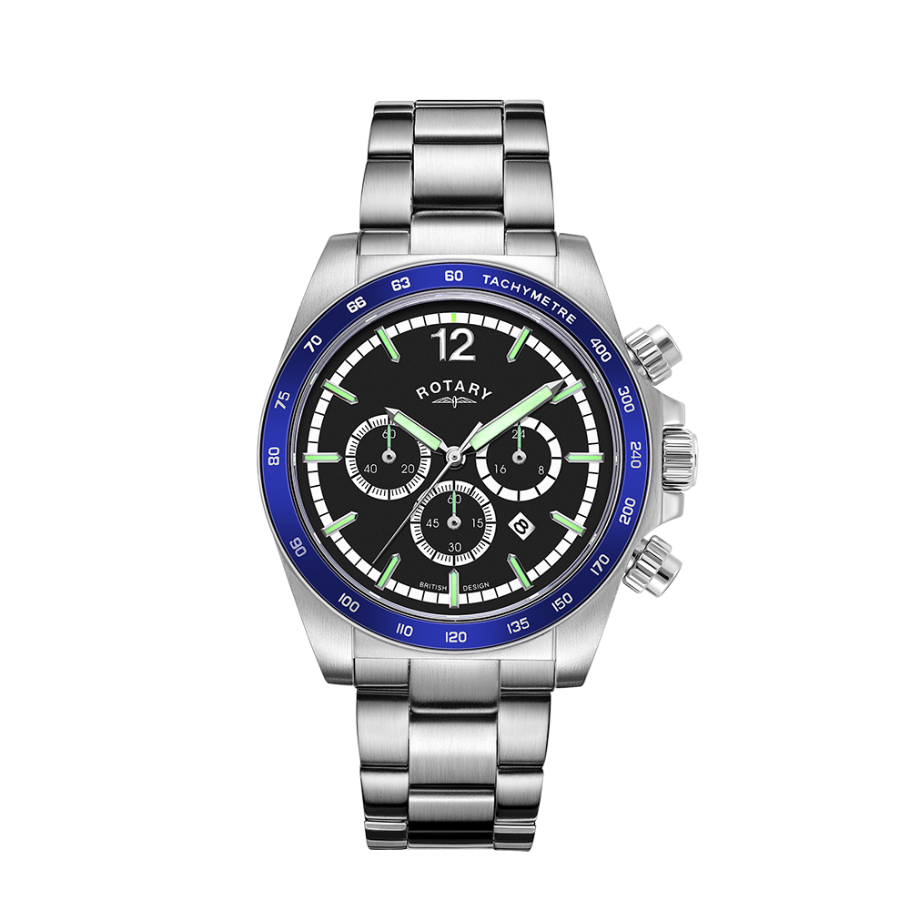 Rotary chronograph watch in stainless steel with a bracelet, blue bezel and black dial. The watch also features two chronograph pushers and 3 sub-dials