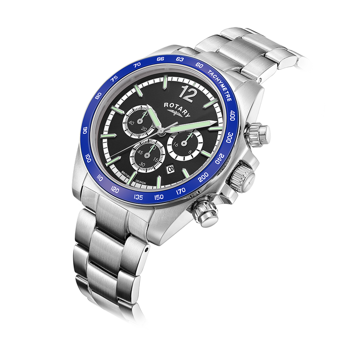 Rotary chronograph watch in stainless steel with a bracelet, blue bezel and black dial. The watch also features two chronograph pushers and 3 sub-dials