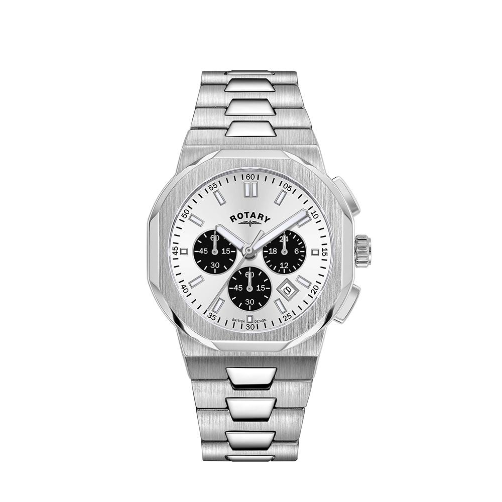 Rotary mens watch in stainless steel with an integrated bracelet and silvery white dial with black sub dials