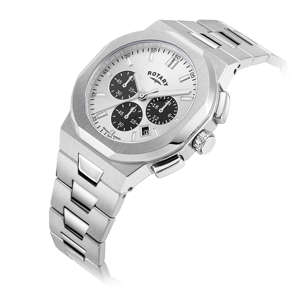 Rotary mens watch in stainless steel with an integrated bracelet and silvery white dial with black sub dials