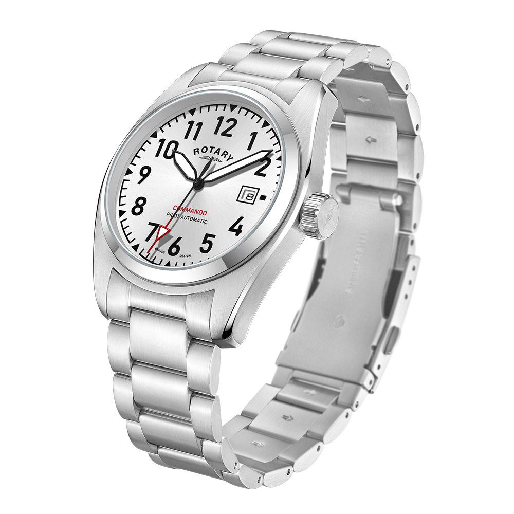 Rotary stainless steel automatic watch with an exhibition caseback and white dial with arabic numerals