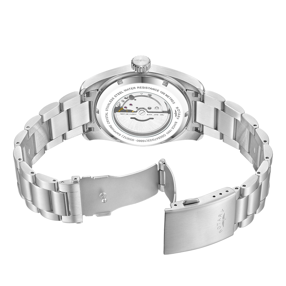 Rotary stainless steel automatic watch with an exhibition caseback and bracelet