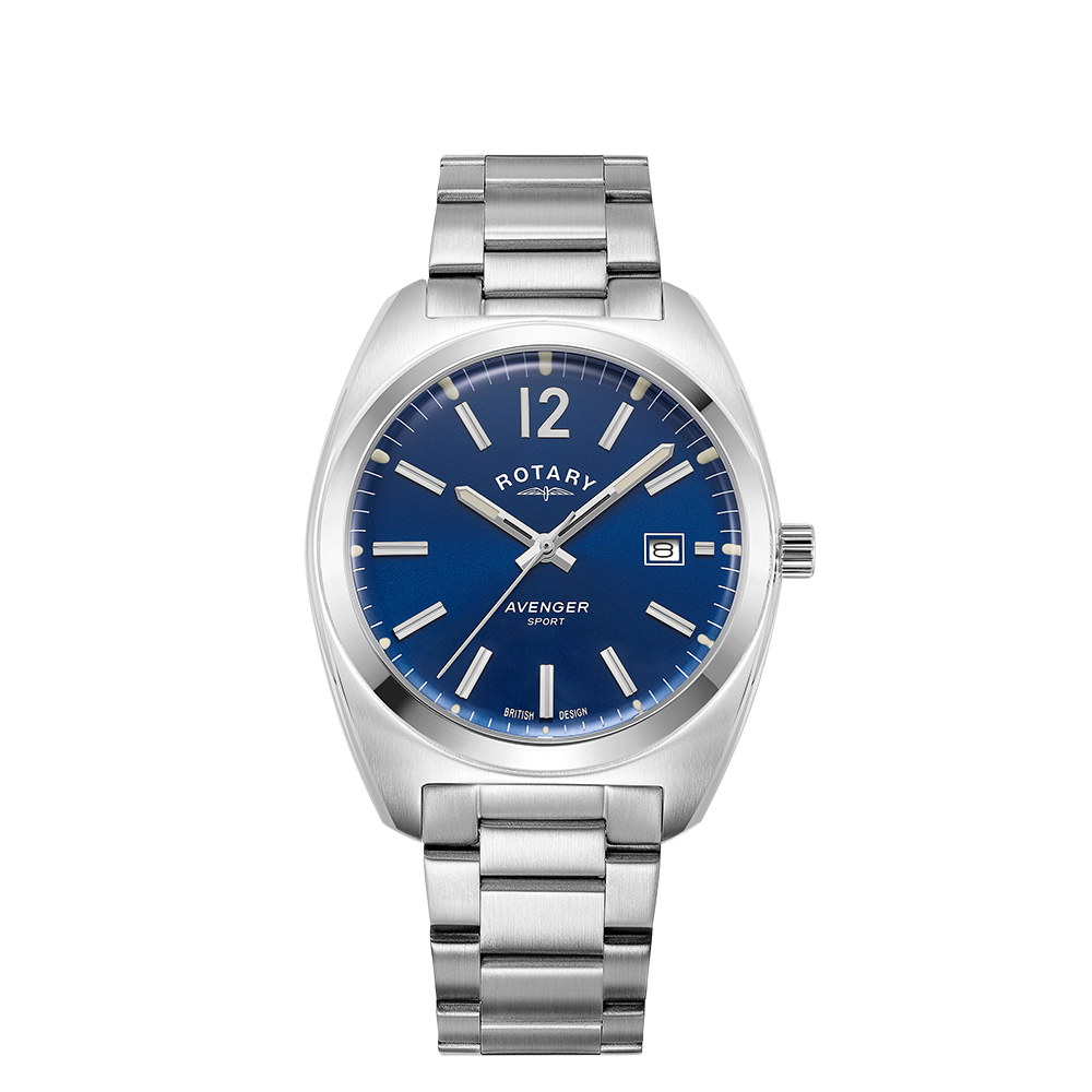 Rotary mans watch with a stainless steel case and bracelet. The watch has domed sapphire glass and a blue dial with a date window