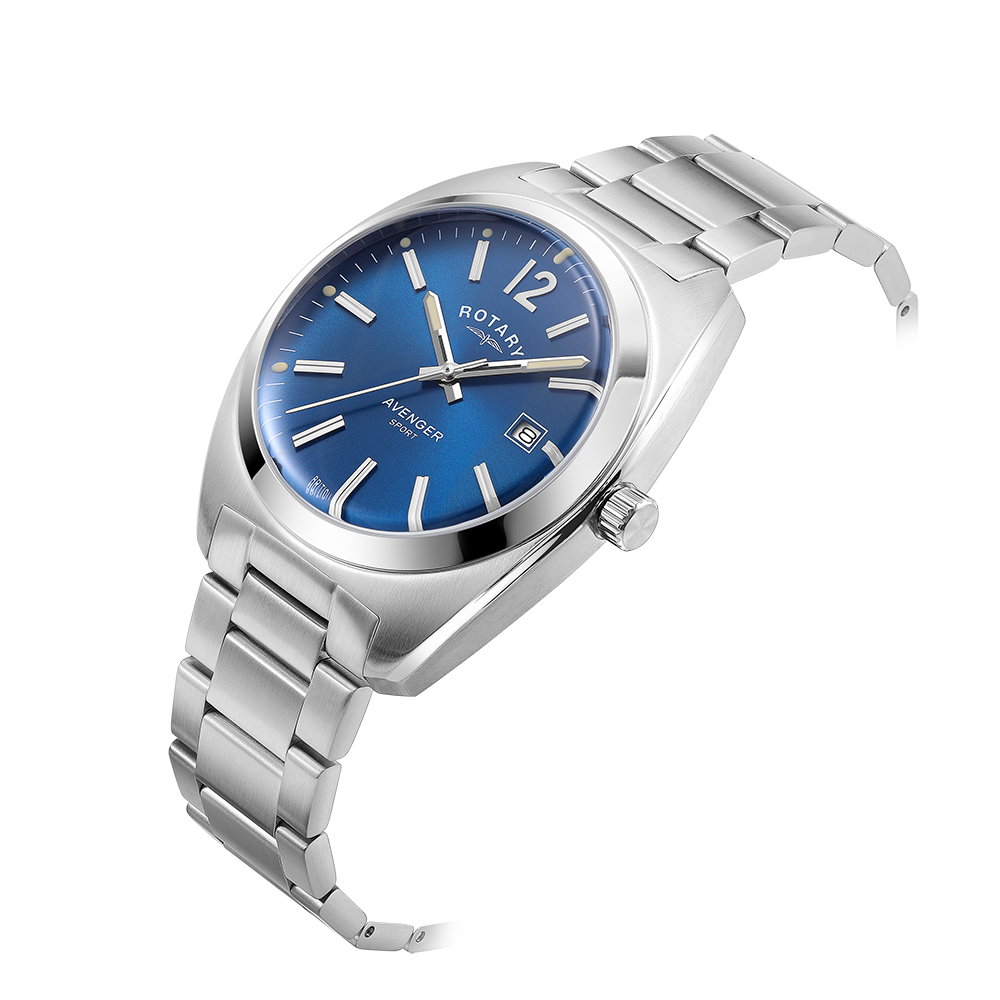 Rotary mans watch with a stainless steel case and bracelet. The watch has domed sapphire glass and a blue dial with a date window