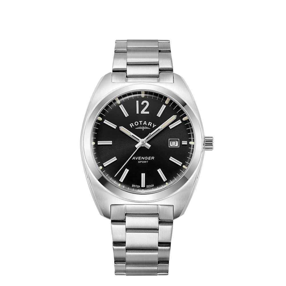 Rotary mans watch with a stainless steel case and bracelet. The watch has domed sapphire glass and a black dial with a date window