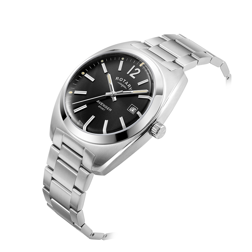 Rotary mans watch with a stainless steel case and bracelet. The watch has domed sapphire glass and a black dial with a date window