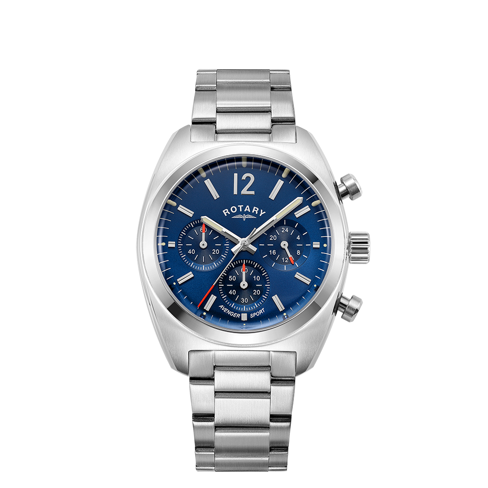 Rotary mans chronograph watch with a stainless steel case and bracelet. The watch has domed sapphire glass and a blue dial with a date window