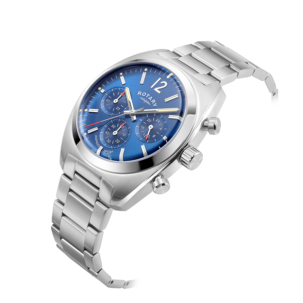 Rotary mans chronograph watch with a stainless steel case and bracelet. The watch has domed sapphire glass and a blue dial with a date window