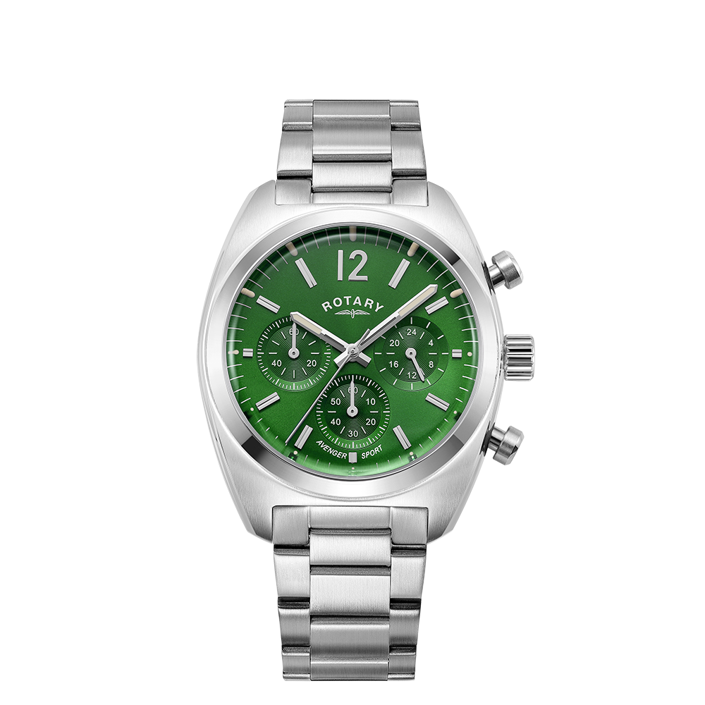 Rotary mans chronograph watch with a stainless steel case and bracelet. The watch has domed sapphire glass and a green dial with a date window