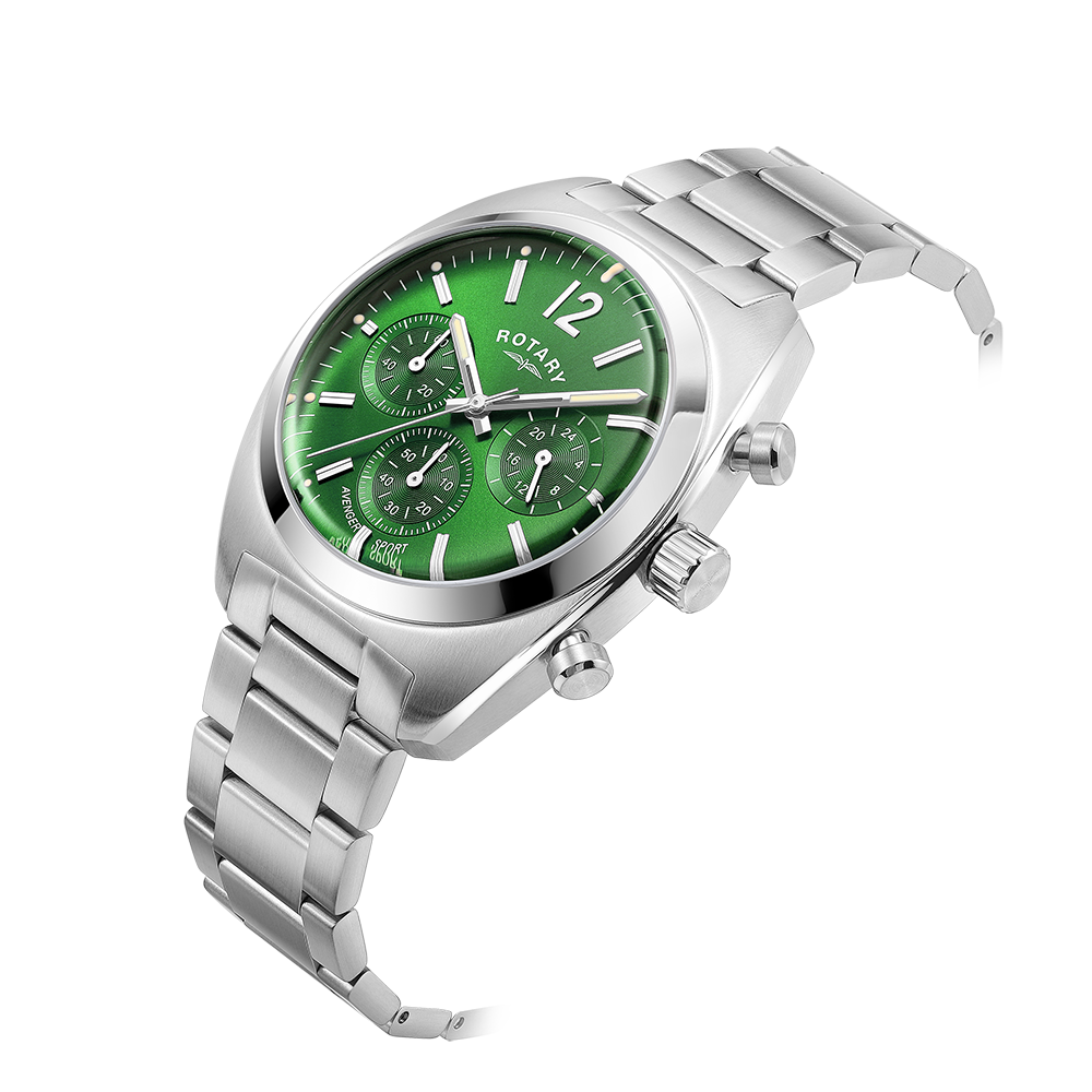 Rotary mans chronograph watch with a stainless steel case and bracelet. The watch has domed sapphire glass and a green dial with a date window