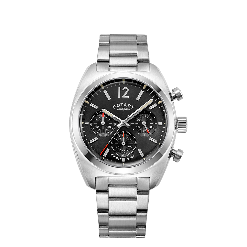 Rotary mans chronograph watch with a stainless steel case and bracelet. The watch has domed sapphire glass and a black dial with a date window