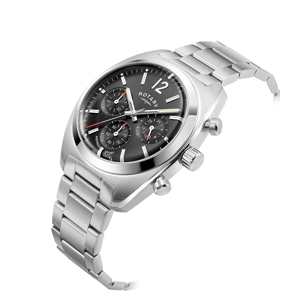 Rotary mans chronograph watch with a stainless steel case and bracelet. The watch has domed sapphire glass and a black dial with a date window