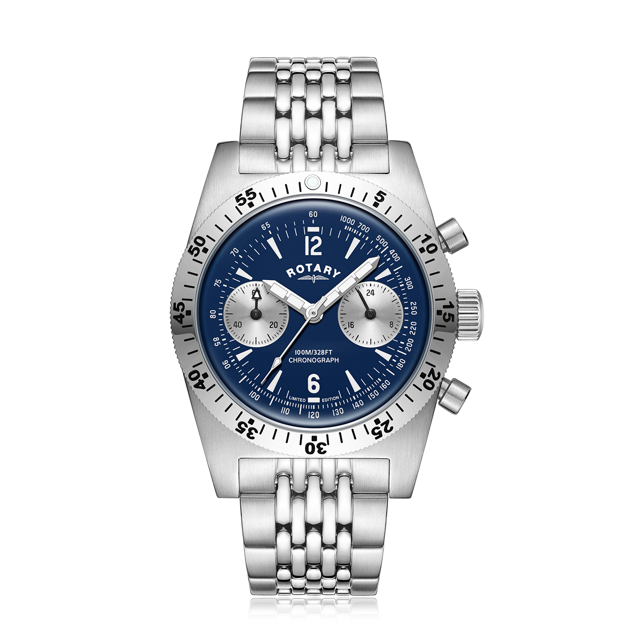 rotary mens chronograph watch with a stainless steel case and blue dial. The watch features two subdials in silver, with luminous hour hands and a stainless steel bracelet. 