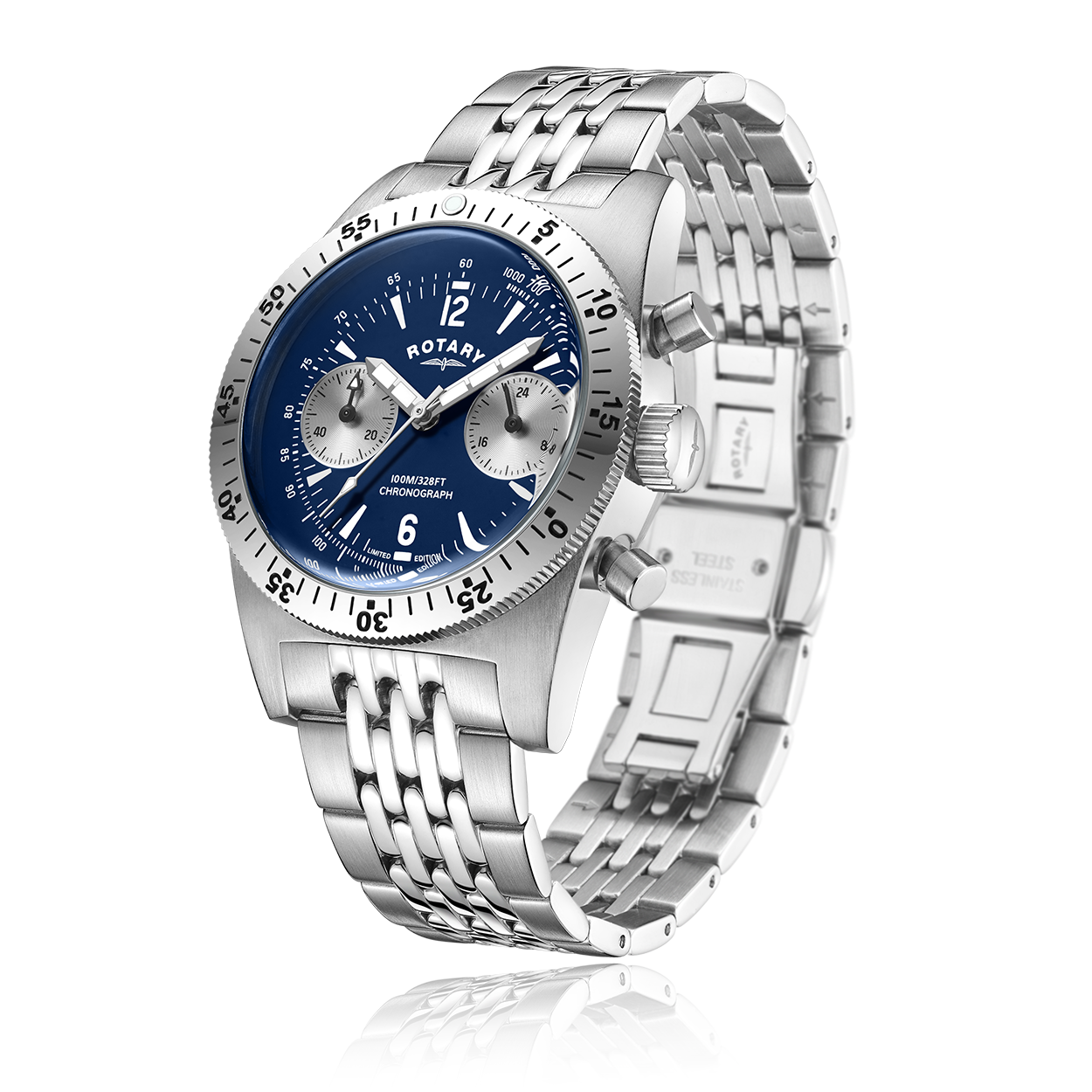 rotary mens chronograph watch with a stainless steel case and blue dial. The watch features two subdials in silver, with luminous hour hands and a stainless steel bracelet. 