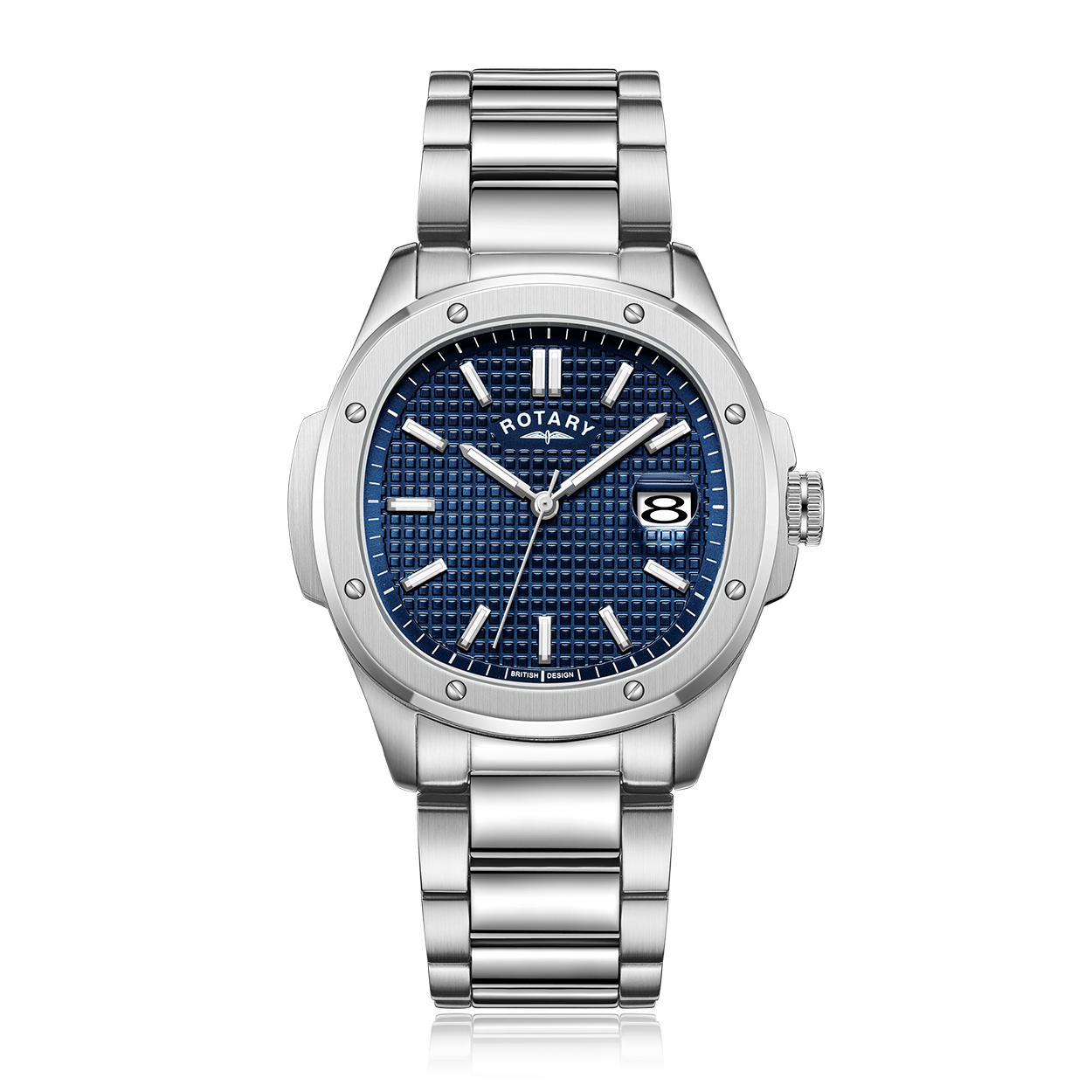 Rotary stainless steel watch with a blue textured dial and a stainless steel strap