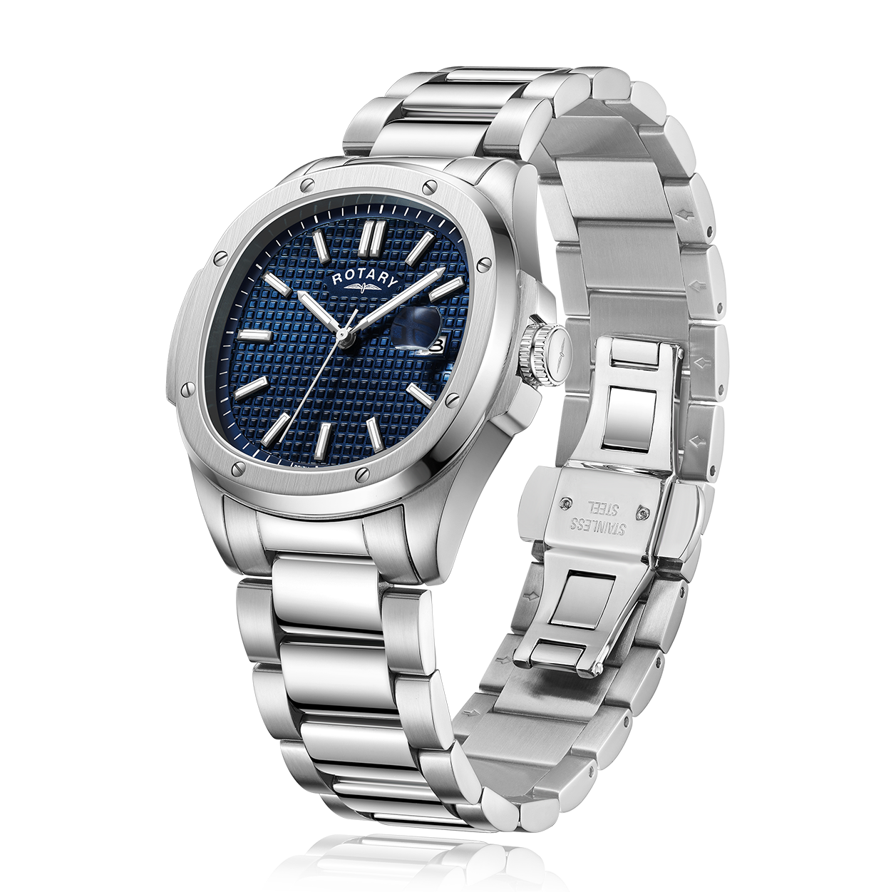 Rotary stainless steel watch with a blue textured dial and a stainless steel strap