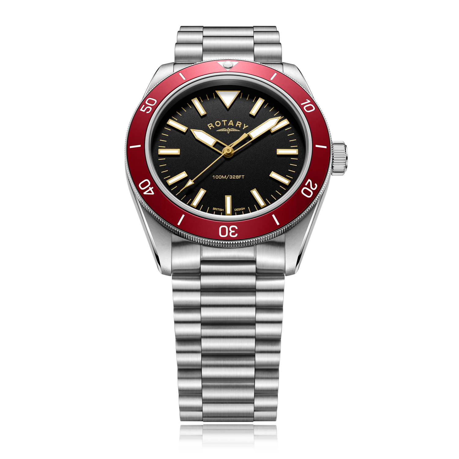 Mens rotary sport diver watch in stainless steel with a black dial and red bezel