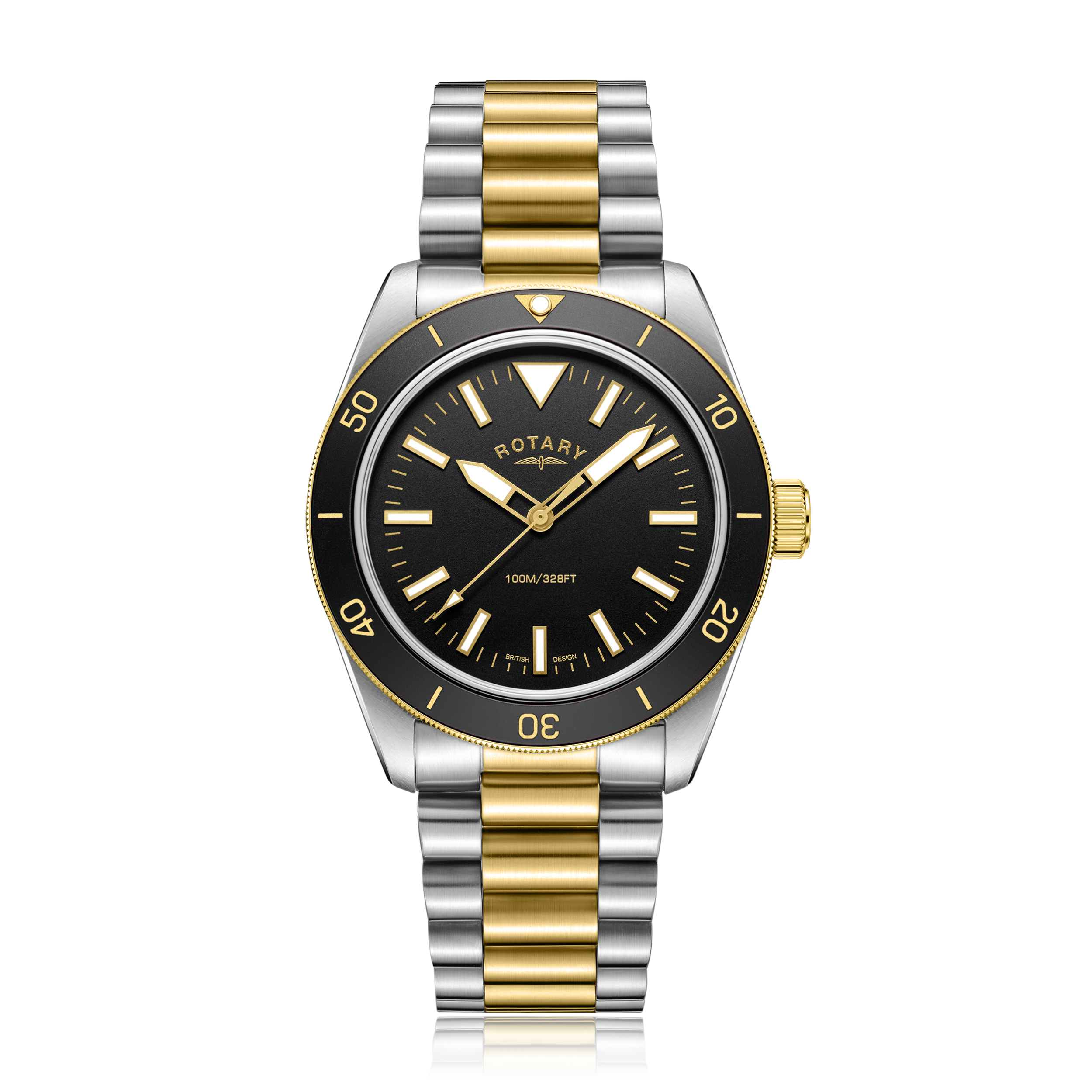 Rotary mens two tone dive watch with a black bezel and black dial with gold accenting